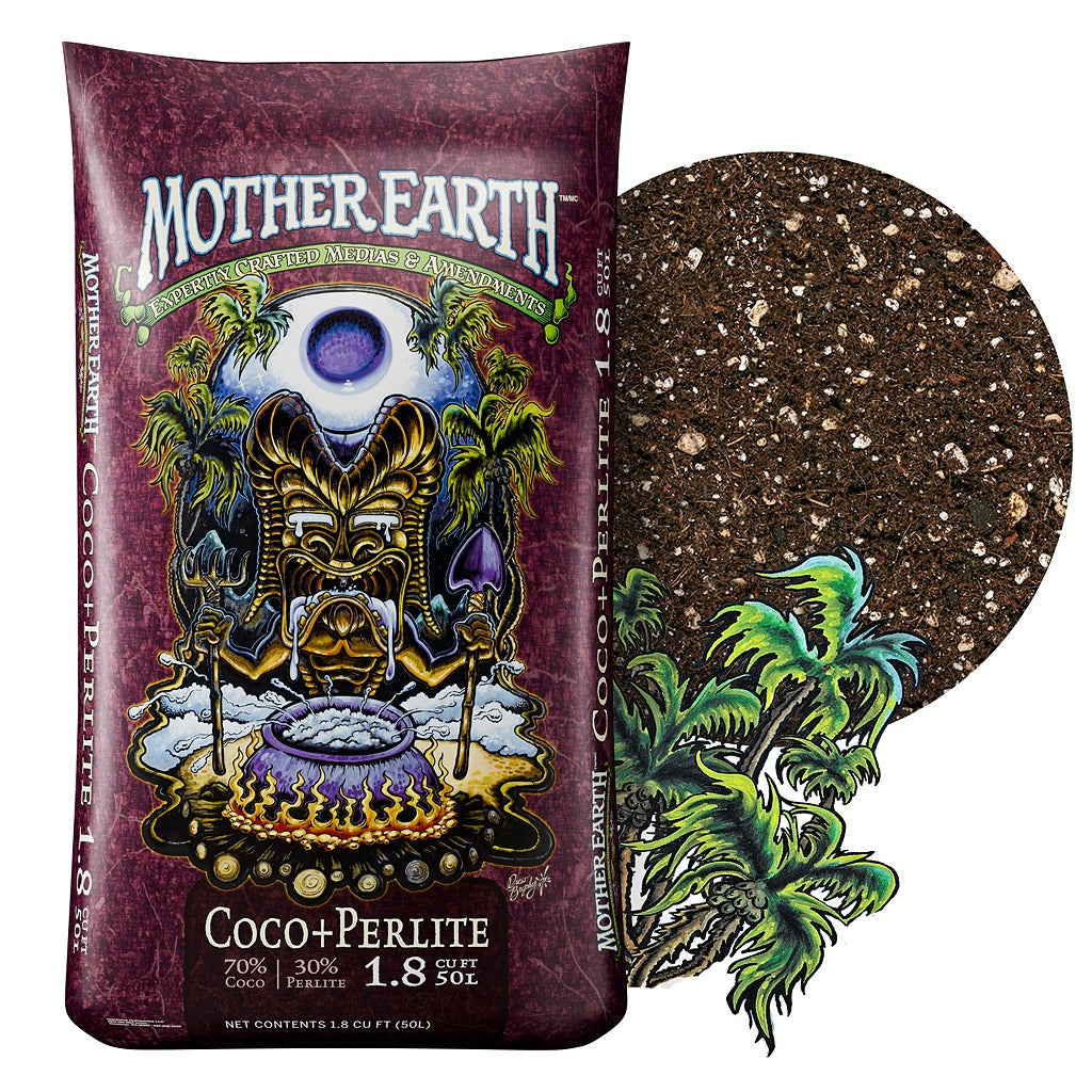 Mother Earth Coco+Perlite packaging with a close-up of the product on a white background