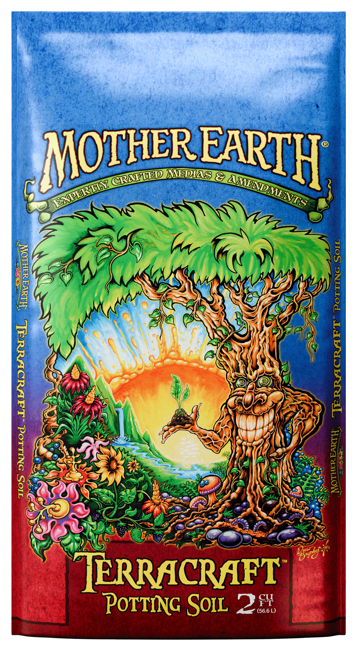 Mother Earth Terracraft Potting Soil packaging with colorful design and tree illustration.
