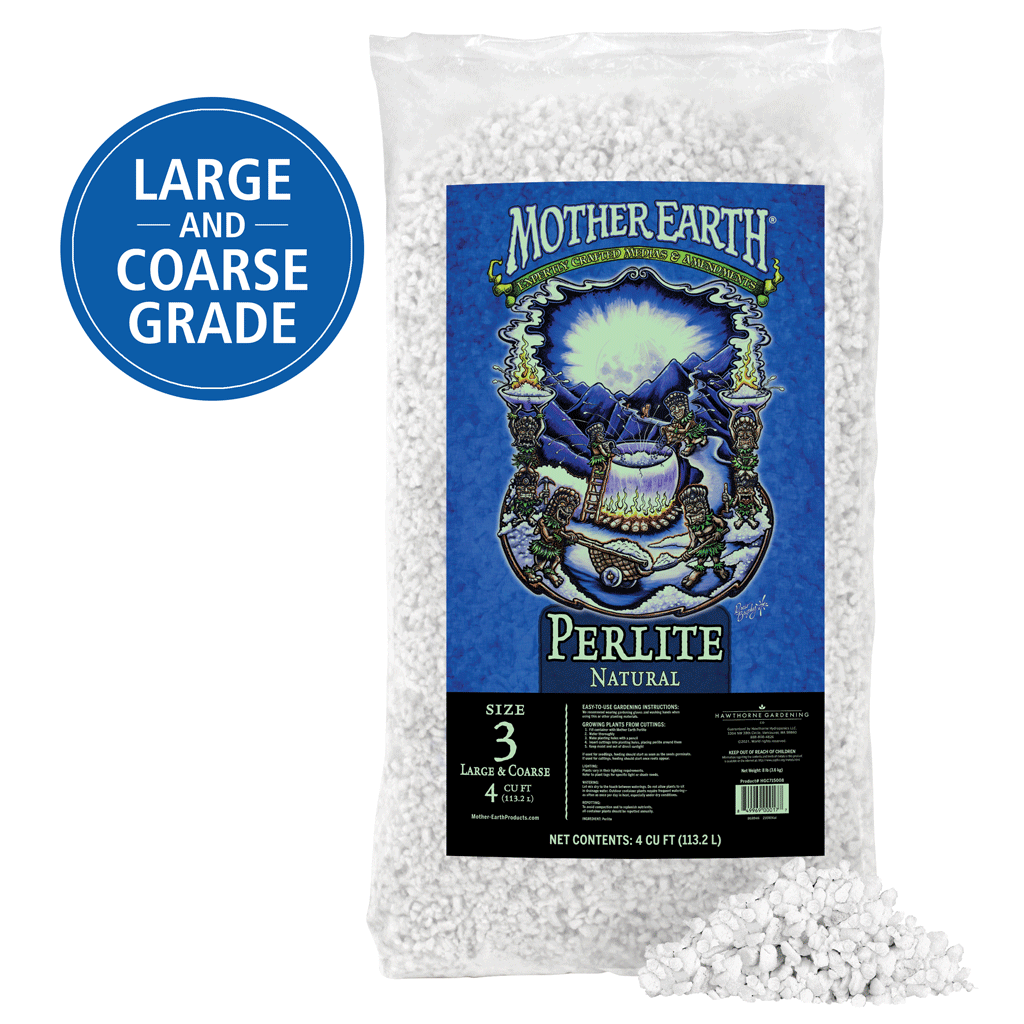 Bag of Mother Earth large and coarse grade Perlite with a blue label on a white background