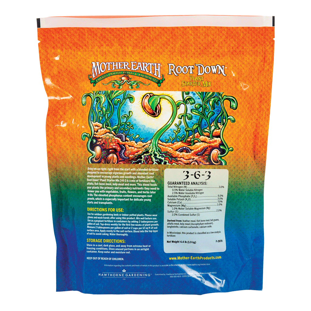 Mother Earth Root Down fertilizer packaging with colorful design and text.
