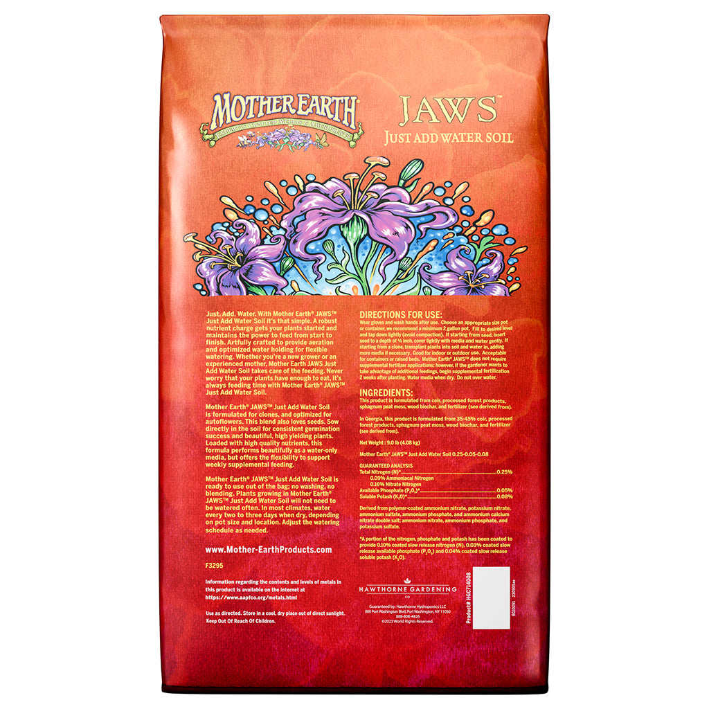 Bag of Mother Earth JAWS soil with colorful design and text on a white background