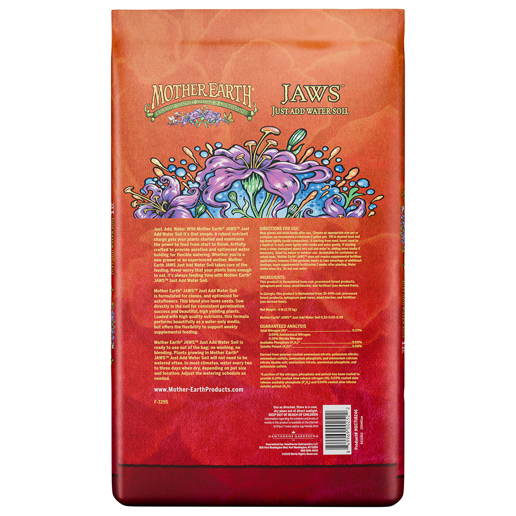 Back of a Mother Earth JAWS product packaging with floral design and text.