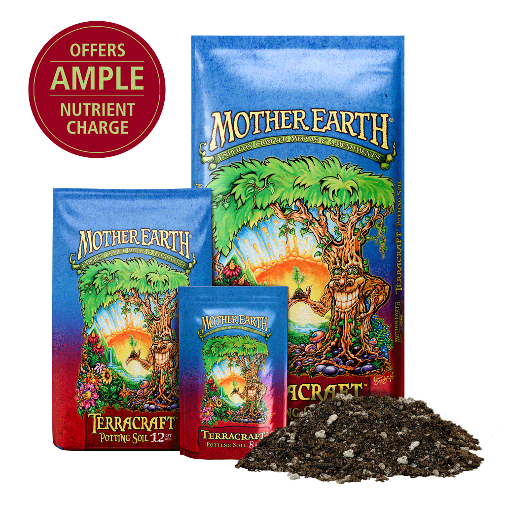 Mother Earth Terracraft potting soil packages with soil sample on a white background